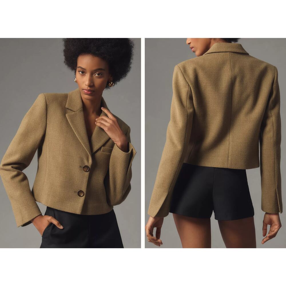 Anthropologie Cropped Blazer Women Size 14 Moss Green NWT Two Button Textured‎